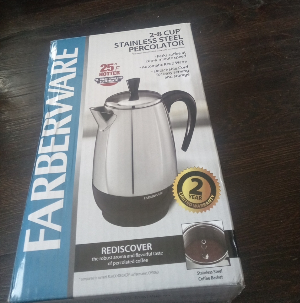 Farberware Stainless Percolator 2-8 Cup 25⁰F Hotter Perks Cup-a-Minute Speed